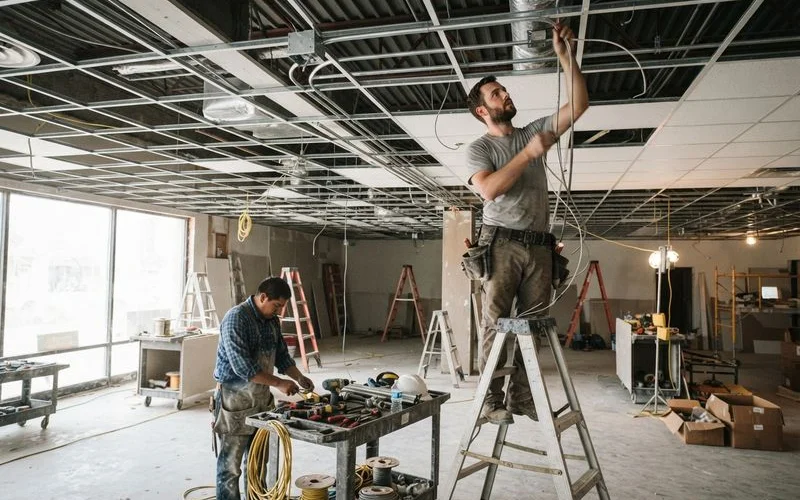 A commercial electrician working on an open panel inside a retail or office space mid build-out, with tools and wiring visible