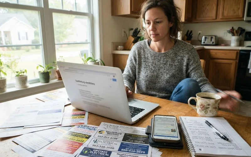 A person comparing electrician listings on a laptop showing star ratings, service areas, and a sponsored badge