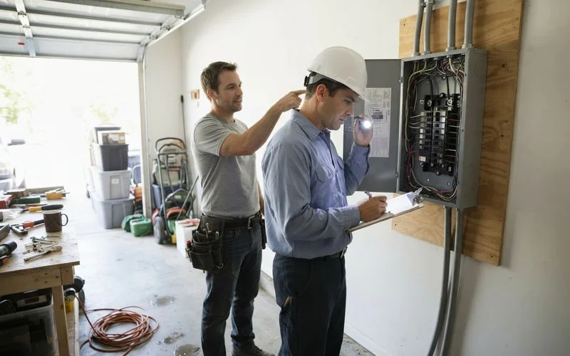A county building inspector reviewing electrical work with a clipboard next to an open panel