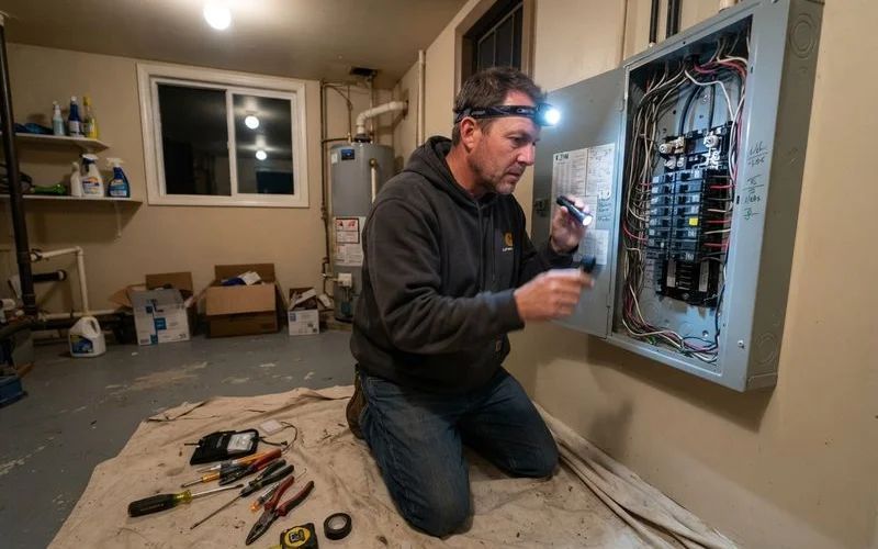 A licensed electrician inspecting a home electrical panel at night with a flashlight during an emergency call