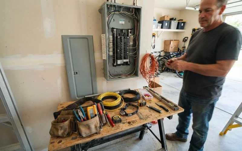 Close-up of an electrician's toolbox and panel schematics on a workbench in Spartanburg South Carolina