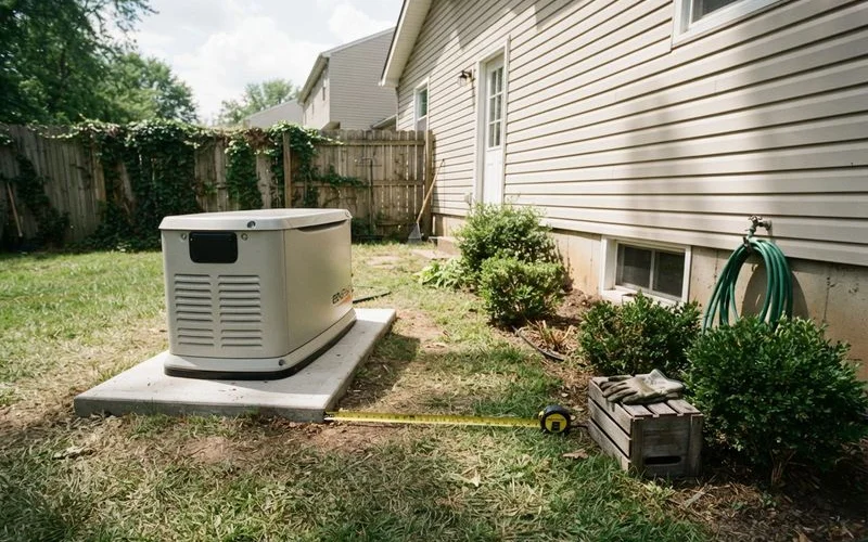 A standby generator installed outdoors on a concrete pad at a safe distance from a home's windows