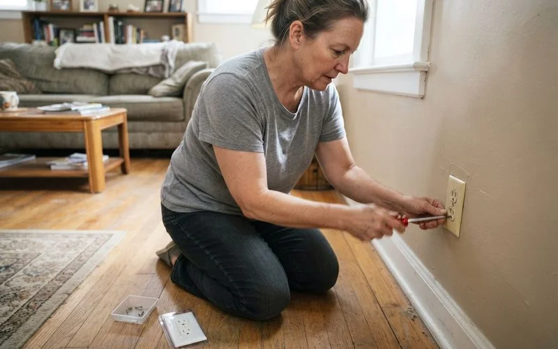 A homeowner carefully replacing a light switch cover plate at home, a simple task generally considered safe to do yourself