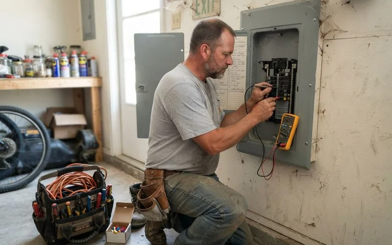 A close-up of an electrical panel showing labeled breakers, with an electrician's hand pointing at one breaker