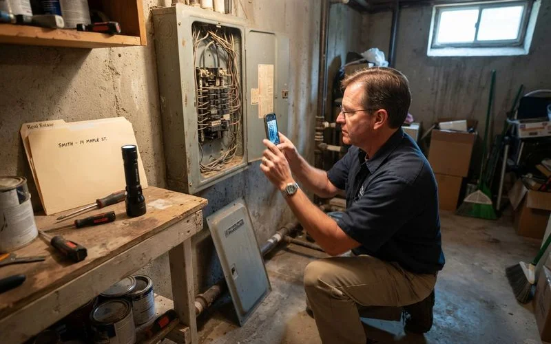 A home inspector examining an older electrical panel and taking notes during a pre-purchase inspection of a Spartanburg house