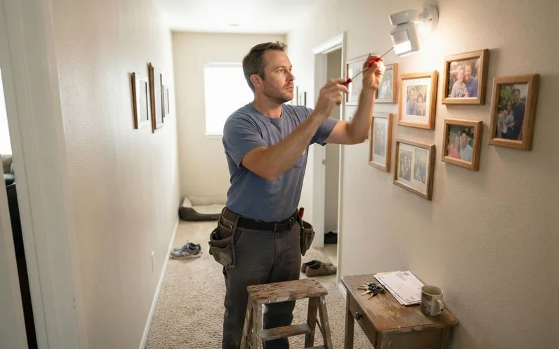 A well-lit hallway with a motion-sensor light fixture installed to help prevent falls at night