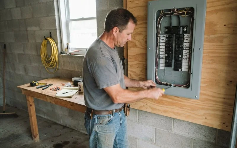 An electrician installing a new circuit breaker panel with labeled circuits in a residential garage