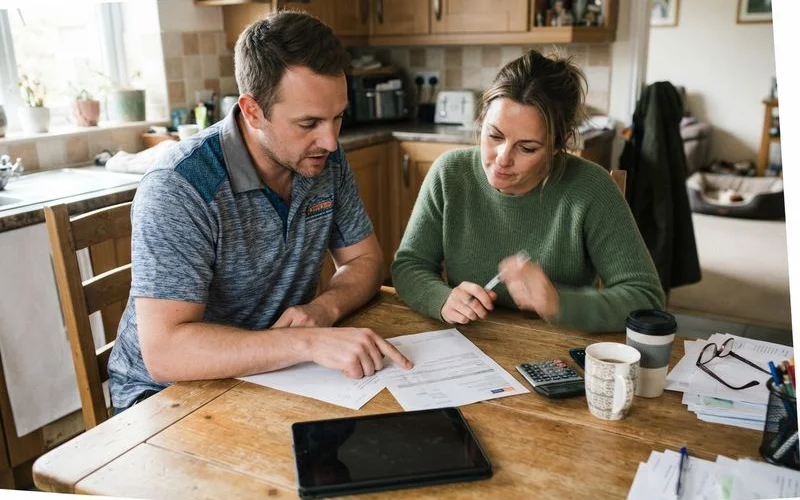 A homeowner and an electrician sitting together at a table, reviewing a printed payment plan and estimate document