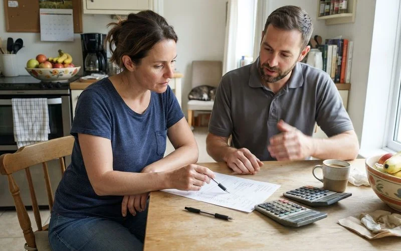 A homeowner and an electrician reviewing a written, itemized electrical estimate together at a kitchen table before starting work