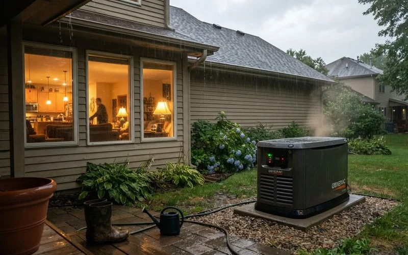 A homeowner's outdoor standby generator running during a storm, positioned safely away from the house
