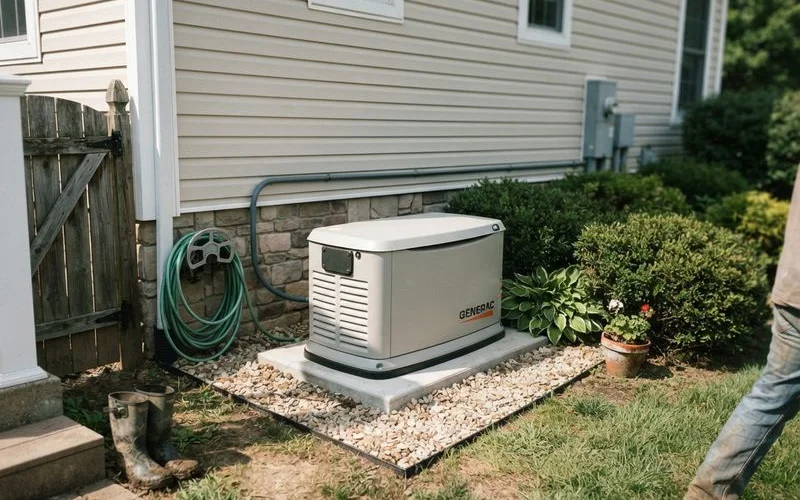A standby generator unit installed on a concrete pad outside a home, connected to a gas line and electrical panel