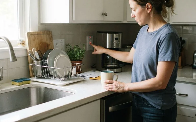 A new homeowner testing a GFCI outlet in a kitchen using the built-in test and reset buttons