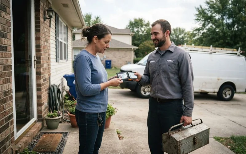 A homeowner checking a contractor's license information on a laptop before hiring for electrical work